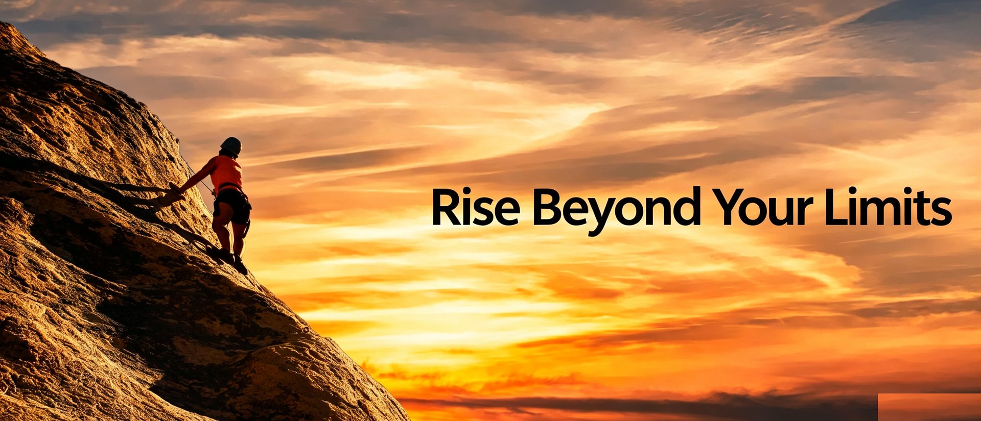 A climber ascending a cliff face at sunset, with the words “Rise Beyond Your Limits.”