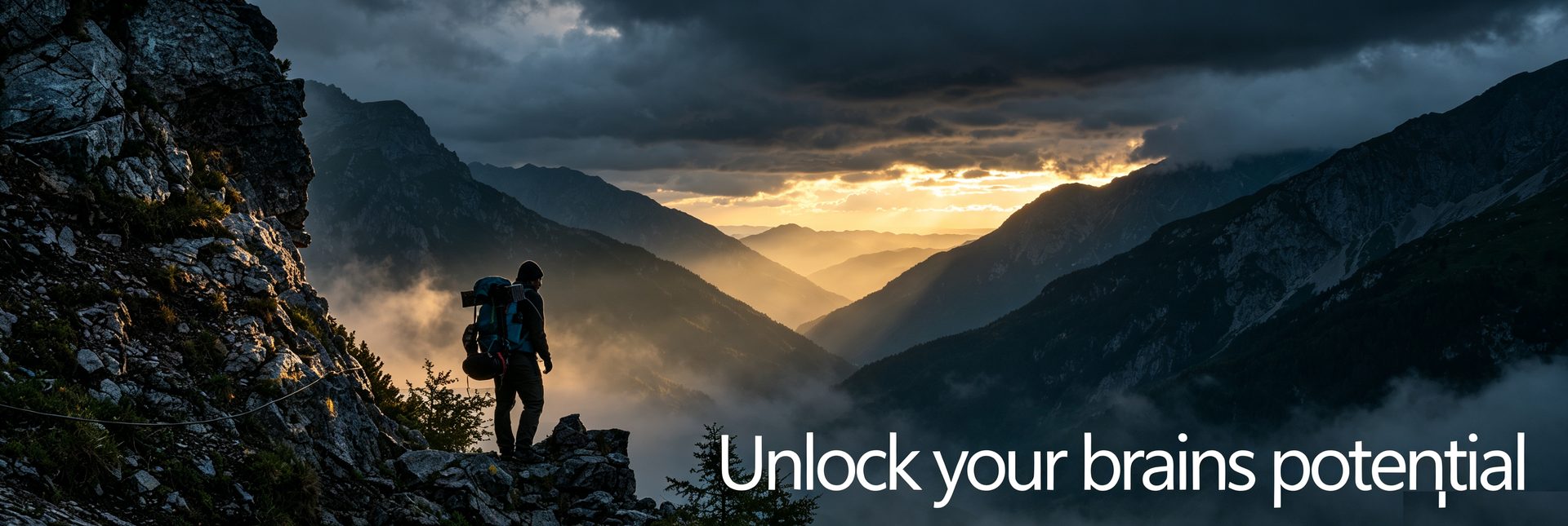 A hiker on a mountain ridge looking over a valley at sunset, with the words “Unlock your brains potential.”